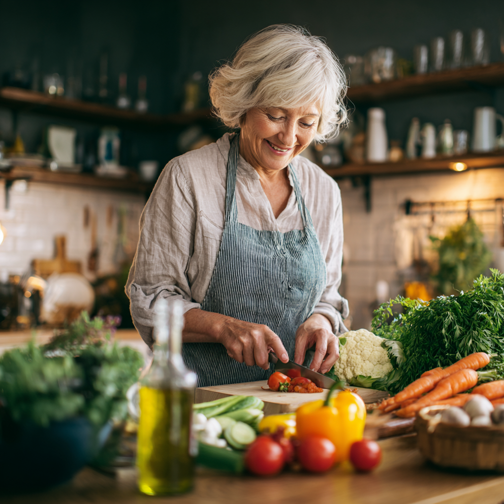 Mature woman cooking with fresh vegetables in bright kitchen