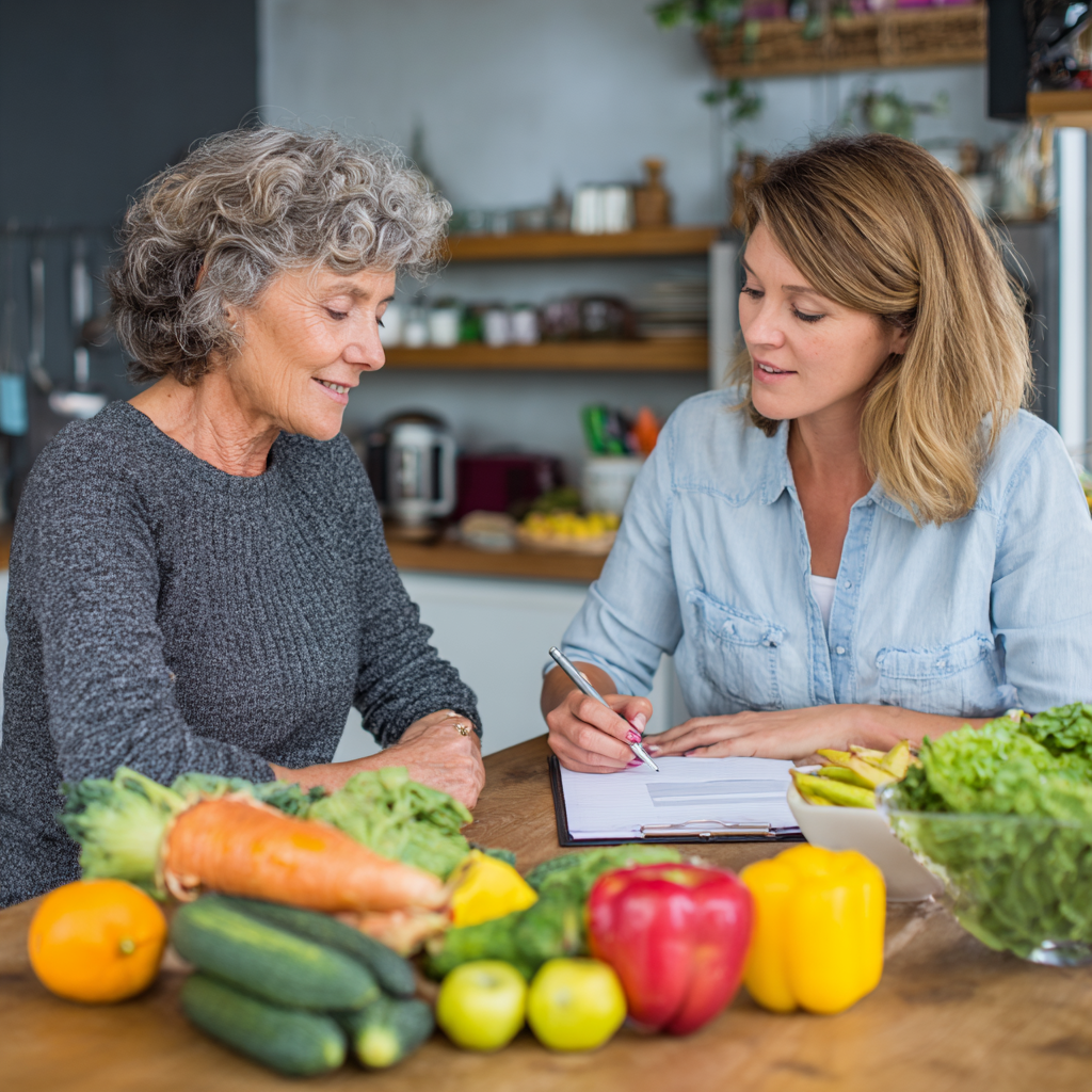 Nutritionist consulting with middle-aged woman about healthy meal planning