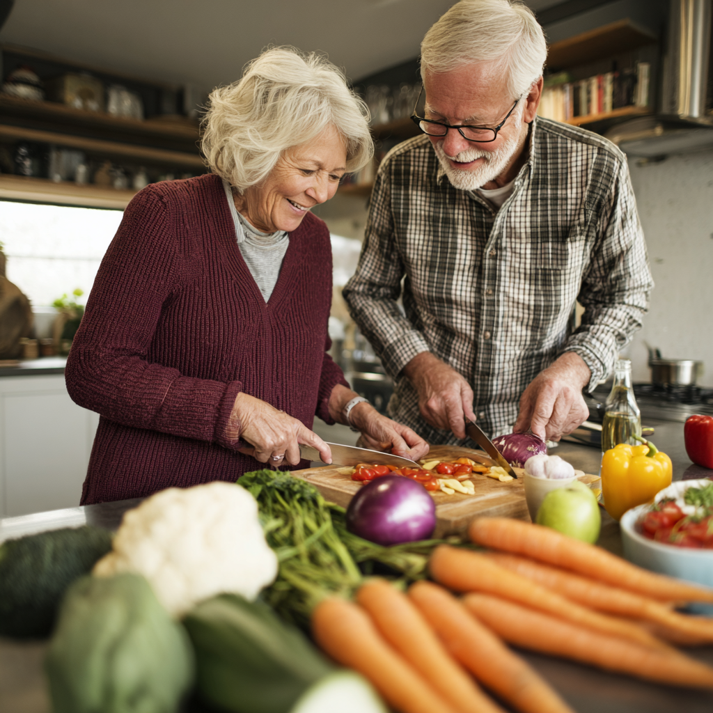Senior couple preparing healthy meal together in modern kitchen